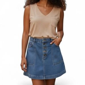 Free People Denim A Line Button Front Mini Jean Skirt in Stone Wash Size 29